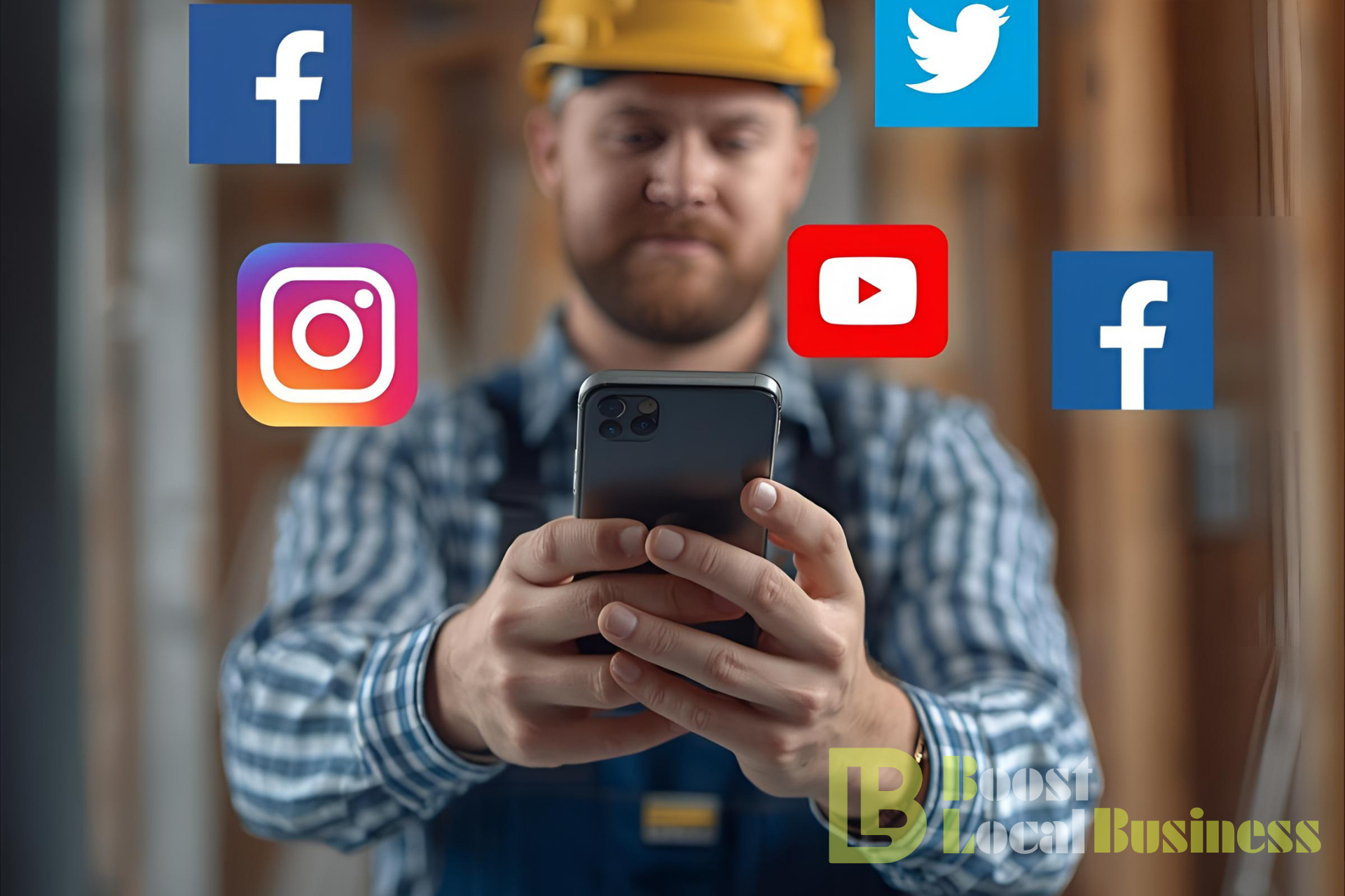 A contractor in a hard hat and flannel shirt using a smartphone, surrounded by floating social media icons for Facebook, Instagram, YouTube, and Twitter, with the Boost Local Business logo in the corner.