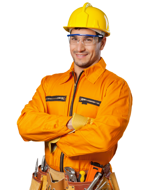 Smiling contractor in orange work uniform and hard hat, showcasing expertise in construction and home building in Simcoe County, representing Boost Local Business's focus on tailored marketing strategies for general contractors.