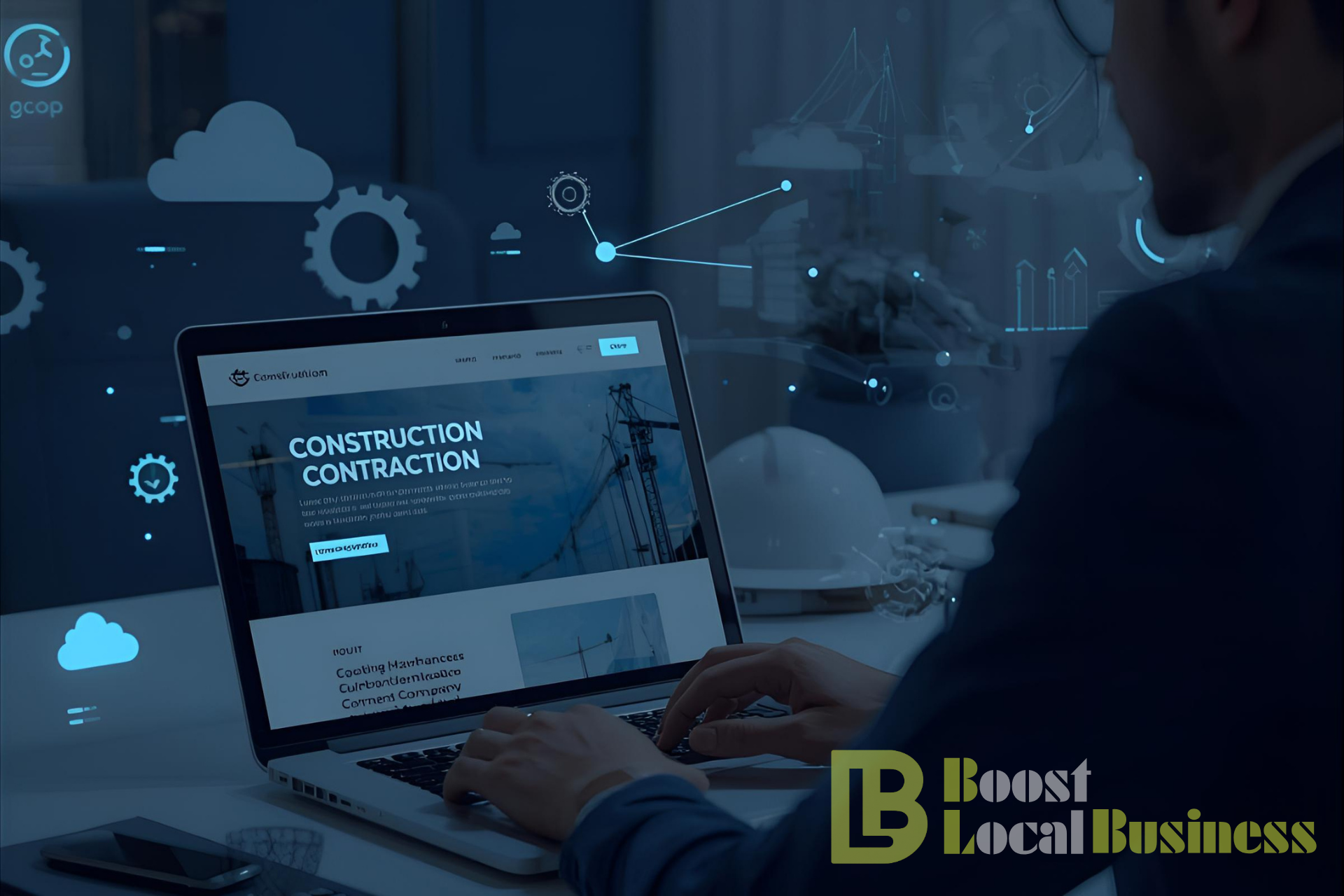Digital marketing expert working on a computer to generate leads for construction contractors in Simcoe County via the Boost Local Business platform.