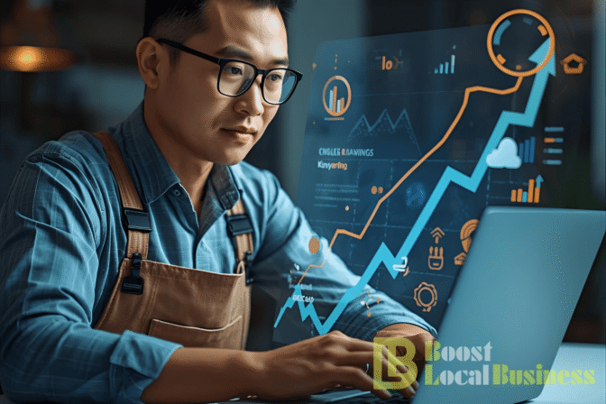 Man analyzing digital SEO data on laptop, featuring graphs and analytics, representing Boost Local Business's SEO management services.