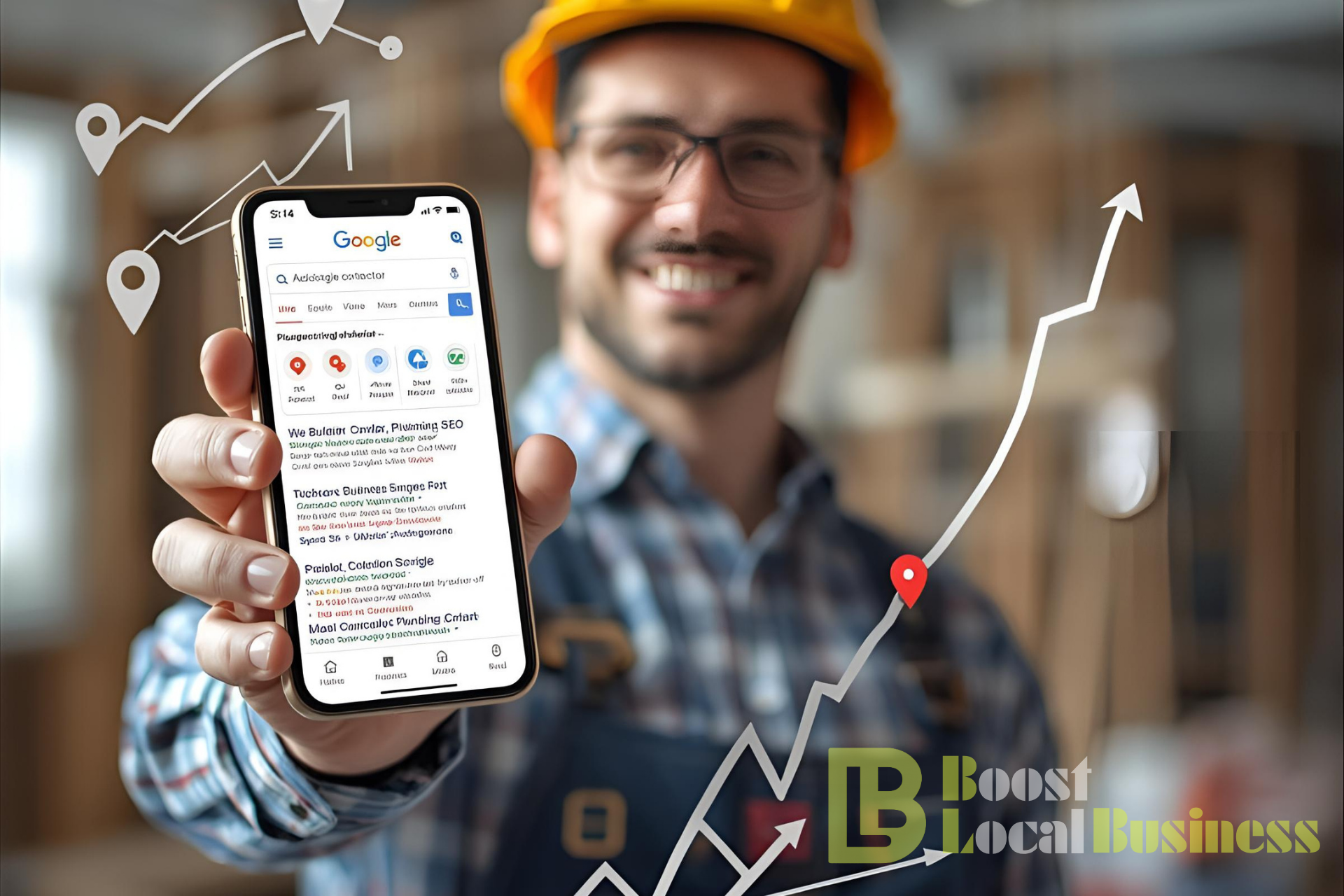 Smiling Simcoe County plumbing contractor in a hard hat holding a phone with a top-ranked Google search result and an upward growth chart, illustrating successful lead generation by Boost Local Business.