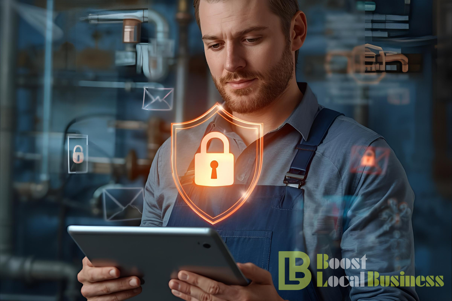 Man in work attire using a tablet with a digital shield icon symbolizing website security, featuring elements like locks and envelopes, representing Boost Local Business's website security services.