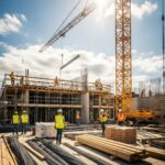 Construction workers collaborating on a building site, highlighting the importance of SEO for construction companies in Simcoe County Ontario