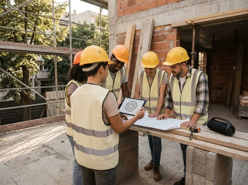 Simcoe County construction team reviewing blueprints and tablet on a building site.
