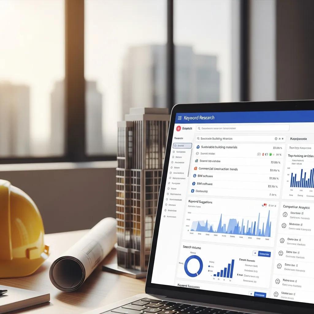 Laptop screen showing keyword research tools for construction marketing in Simcoe County Ontario, emphasizing the importance of SEO in lead generation