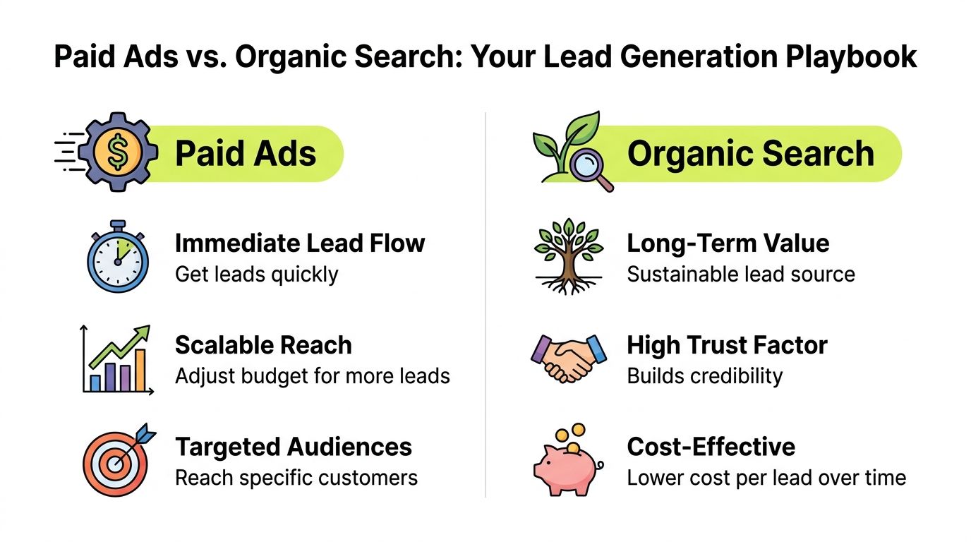 A comparison chart highlighting the benefits of paid advertising versus organic search for lead generation strategies.