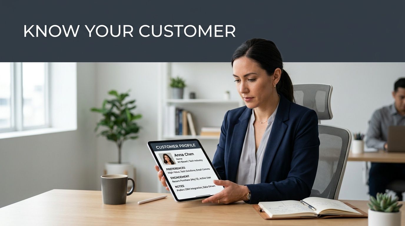 A professional woman in an office setting holding a tablet displaying a detailed customer profile.