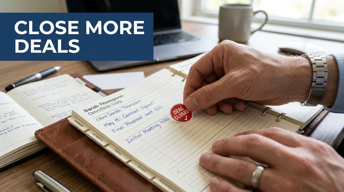 A person placing a Deal Closed sticker on a planner page listing business client meeting notes.