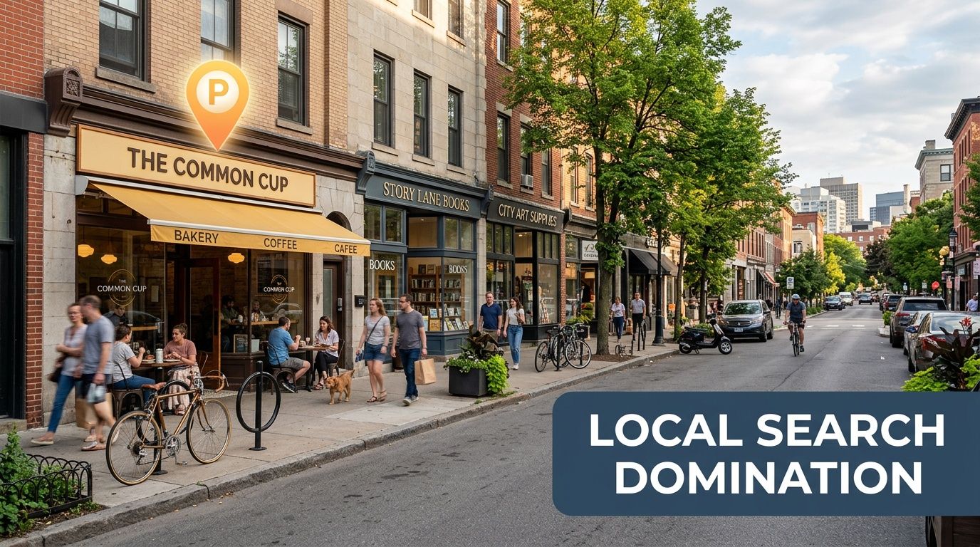 A busy city street with people walking past local shops and a cafe with outdoor seating.
