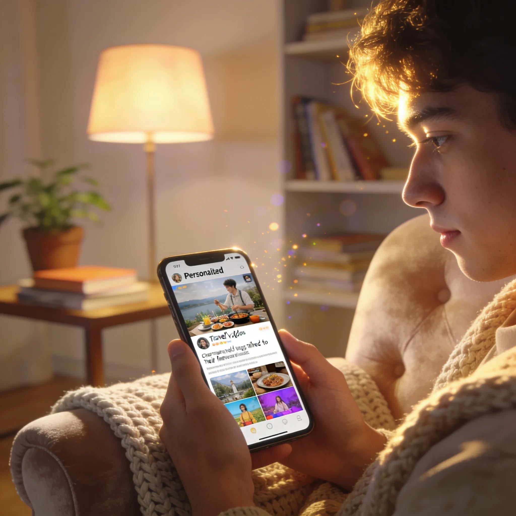 Individual enjoying personalized video marketing on smartphone in a cozy setting