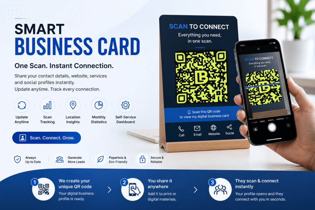 Smart digital business card with QR code for instant contact sharing, website access, lead generation, scan tracking, and business networking.
