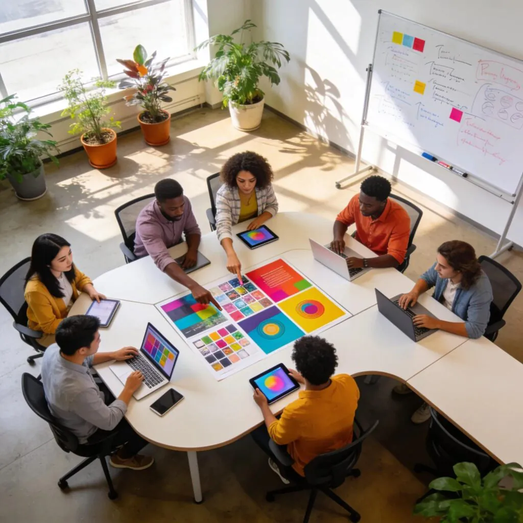 Marketing agency team collaborating around table reviewing color palettes and digital strategy.