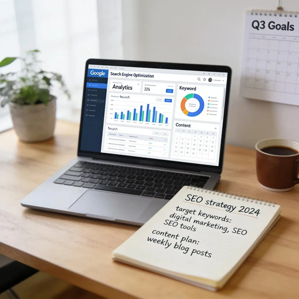 Laptop displaying Google Analytics and SEO strategy dashboard, illustrating digital marketing insights and keyword analysis.