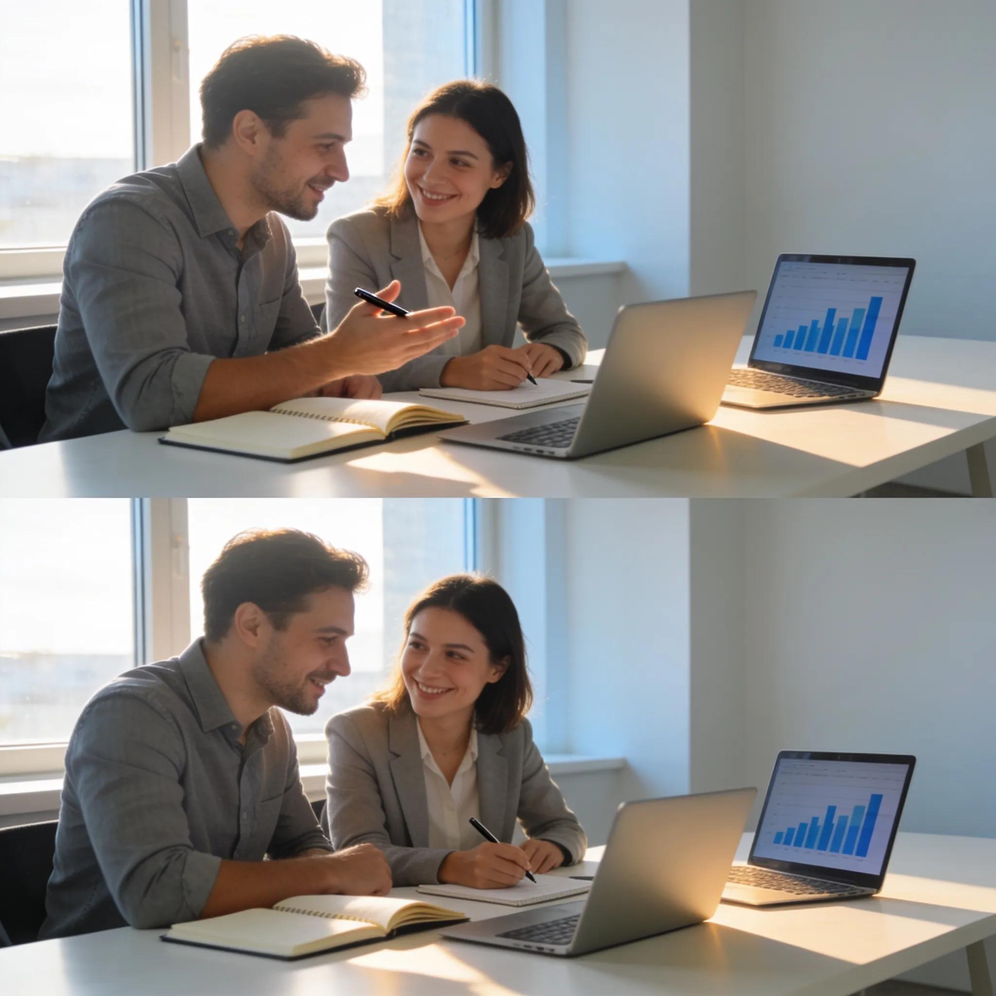 Business owner interviewing a marketing agency representative in a modern office, highlighting the vetting process