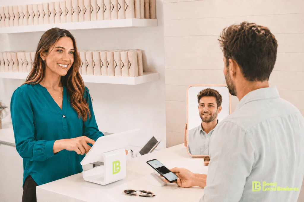 Woman smiling at customer with digital business card and phone payment system, Boost Local Business branding.