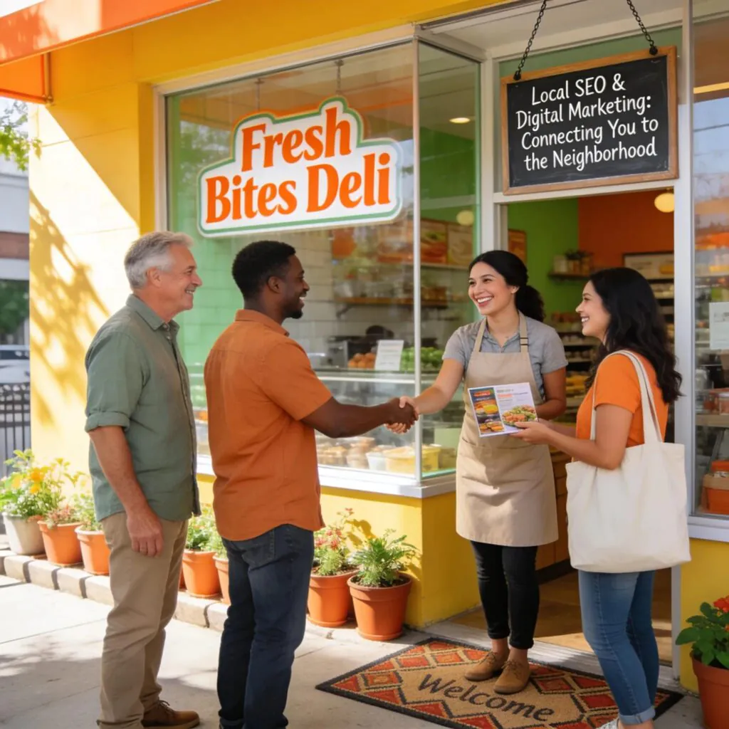 Local SEO and digital marketing connecting businesses to the neighborhood, deli storefront with smiling customers and staff.