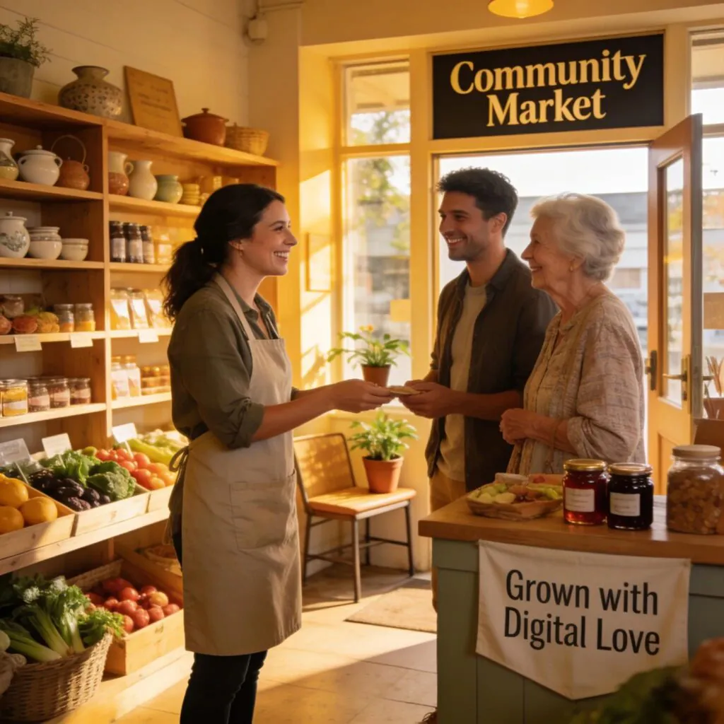 Local business owner and customer interacting at Community Market, digital marketing strategies for local growth.