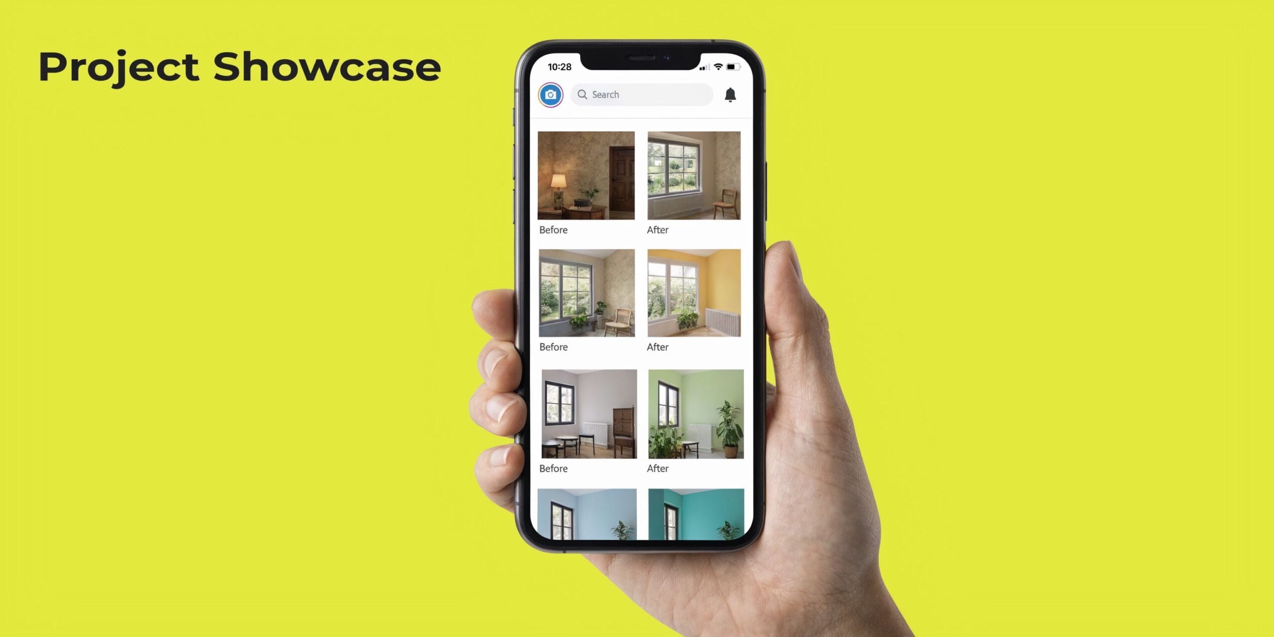 A hand holding a smartphone displaying an app showcasing room interior design before and after makeover photos.