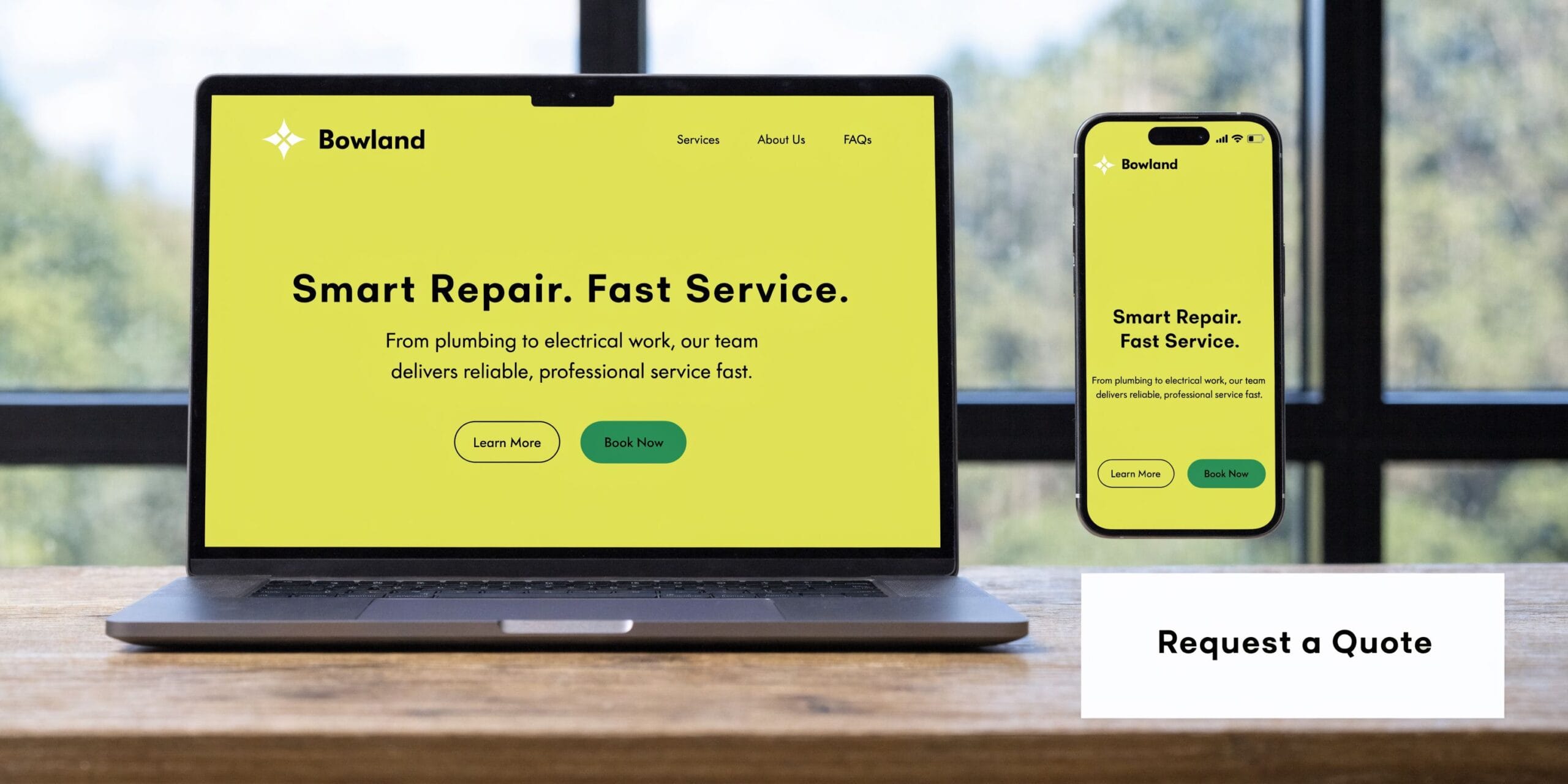 A laptop and smartphone displaying a bright yellow website for a home repair service company called Bowland.